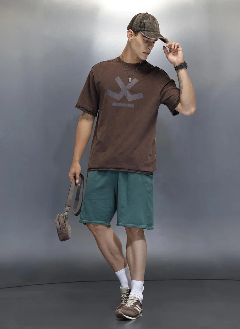 روجن Washed Men's Casual Oversized Fit Shorts | Dark Green